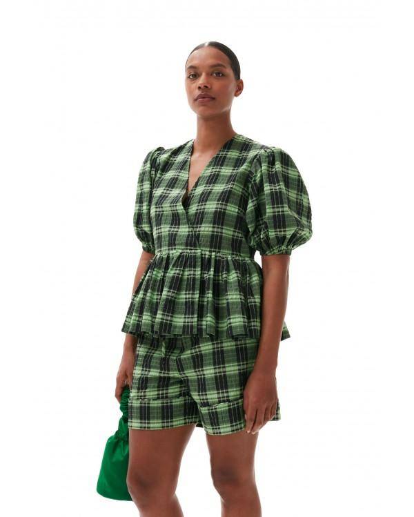 BLOUSE SEERSUCKER CHECK WRAP PEAPOD