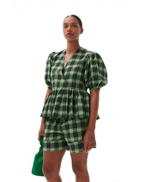BLOUSE SEERSUCKER CHECK WRAP PEAPOD