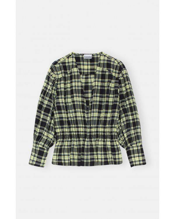 SEERSUCKER CHECK V-NECK GATHERED BLOUSE CHECK ELFIN YELLOW