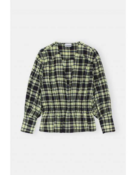 SEERSUCKER CHECK V-NECK GATHERED BLOUSE CHECK ELFIN YELLOW