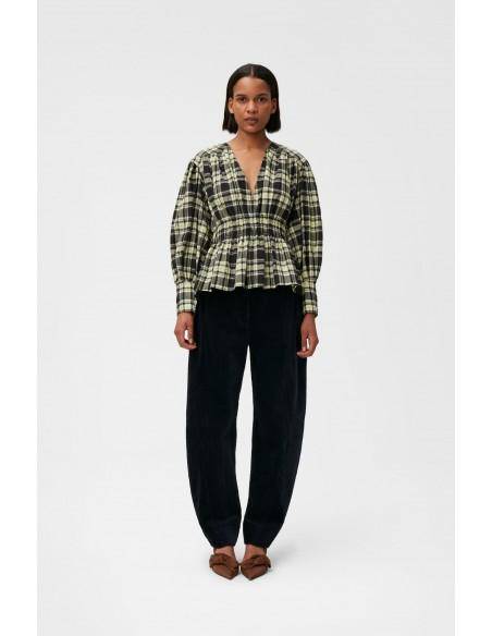 SEERSUCKER CHECK V-NECK GATHERED BLOUSE CHECK ELFIN YELLOW