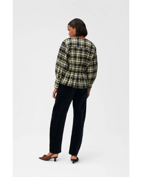 SEERSUCKER CHECK V-NECK GATHERED BLOUSE CHECK ELFIN YELLOW