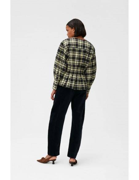 SEERSUCKER CHECK V-NECK GATHERED BLOUSE CHECK ELFIN YELLOW