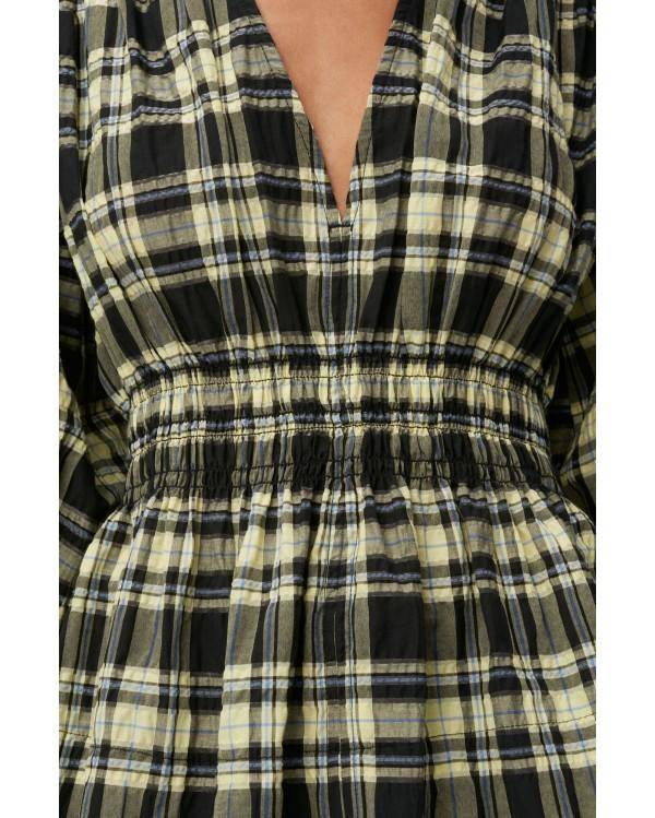 SEERSUCKER CHECK V-NECK GATHERED BLOUSE CHECK ELFIN YELLOW 2