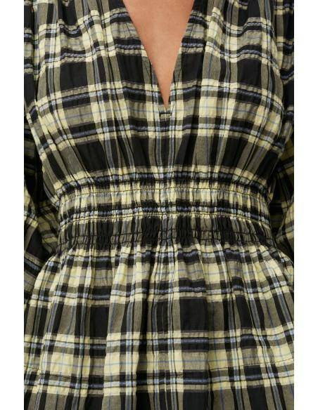 SEERSUCKER CHECK V-NECK GATHERED BLOUSE CHECK ELFIN YELLOW