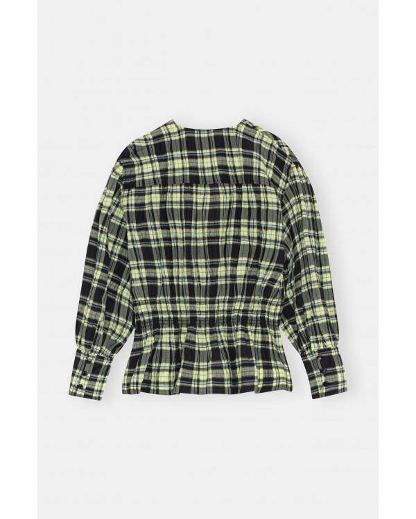SEERSUCKER CHECK V-NECK GATHERED BLOUSE CHECK ELFIN YELLOW
