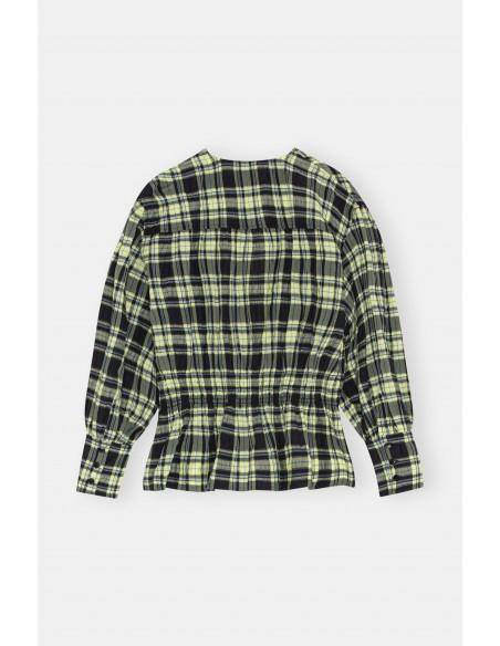 SEERSUCKER CHECK V-NECK GATHERED BLOUSE CHECK ELFIN YELLOW