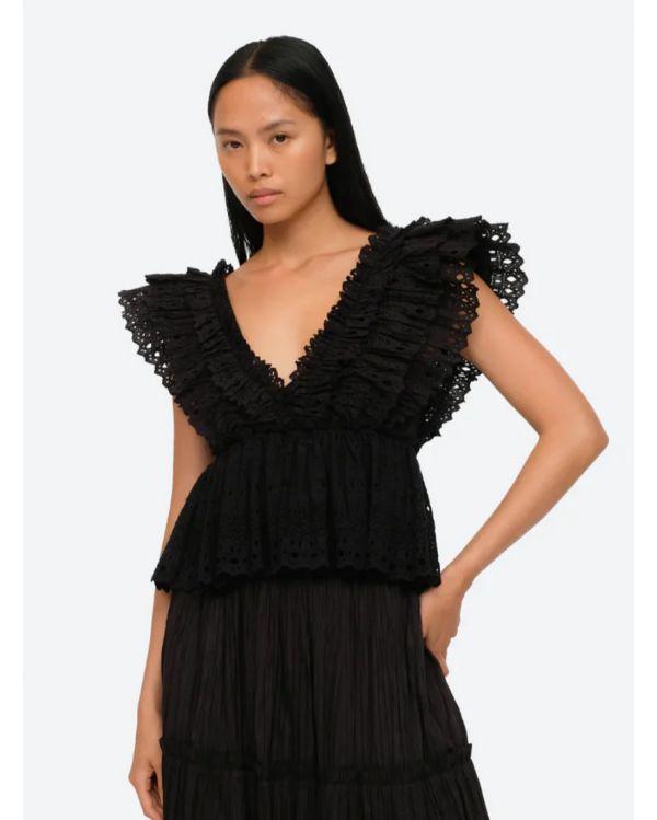 MARLEY PLEATED FLUTTER SLV VNECK TOP BLACK