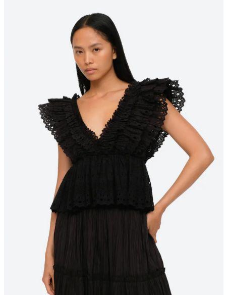 TOP MARLEY PLEATED FLUTTER VNECK BLACK