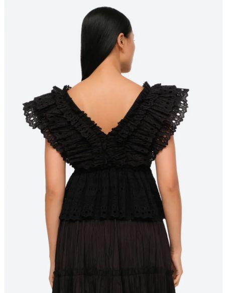 TOP MARLEY PLEATED FLUTTER VNECK BLACK