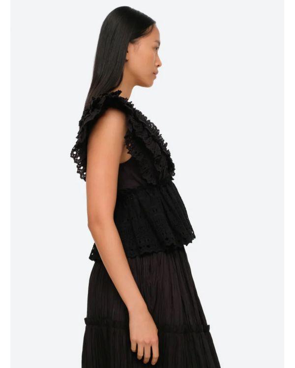 TOP MARLEY PLEATED FLUTTER VNECK BLACK