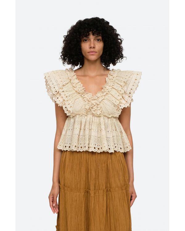 TOP MARLEY PLEATED FLUTTER VNECK CREAM