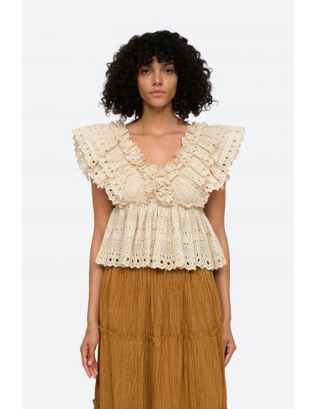 TOP MARLEY PLEATED FLUTTER VNECK CREAM
