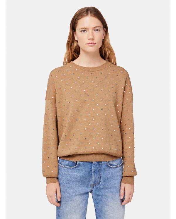 BEIGE CRYSTAL-DECORATED WOOL SWEATER