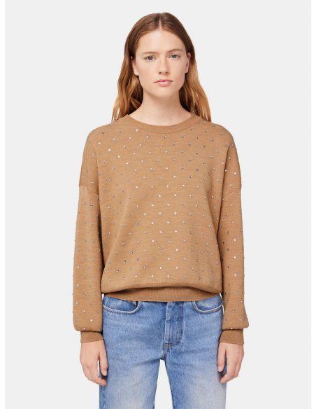 BEIGE CRYSTAL-DECORATED WOOL SWEATER
