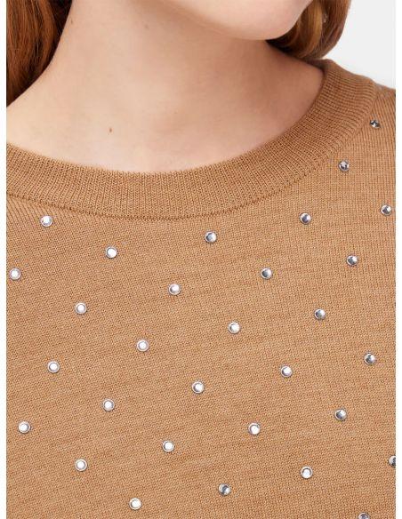 BEIGE CRYSTAL-DECORATED WOOL SWEATER