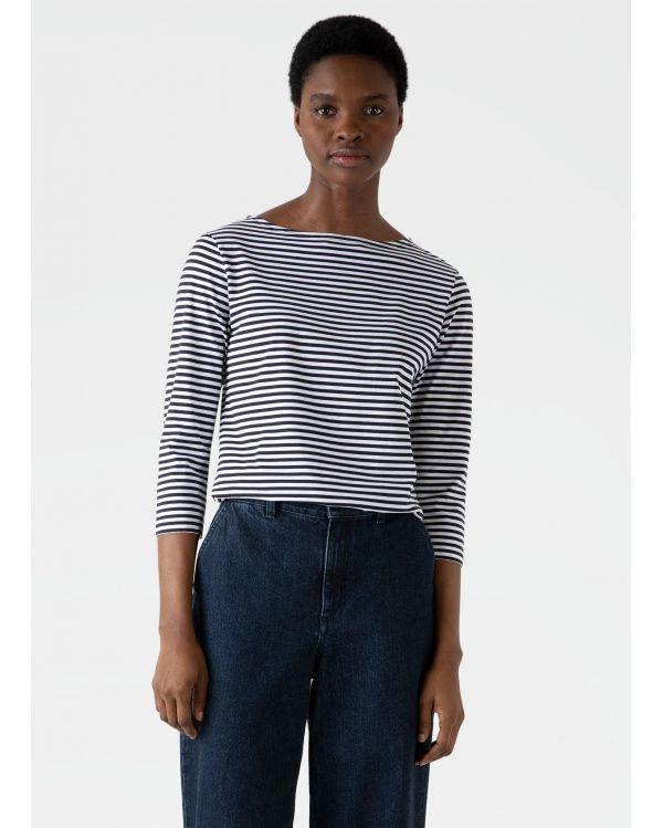 WHITE AND NAVY BLUE BOAT NECK T-SHIRT