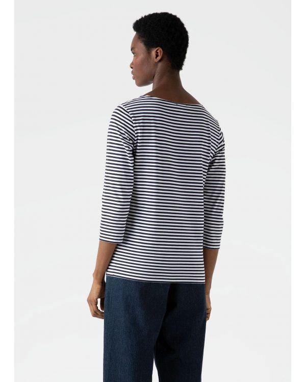 WHITE AND NAVY BLUE BOAT NECK T-SHIRT