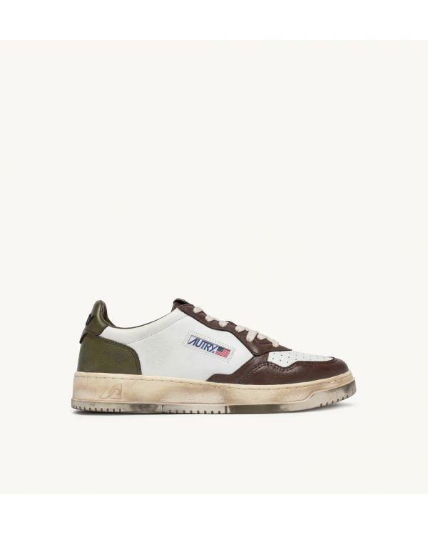 SNEAKERS SUPER VINTAGE LOW LEATHER WHITE, MILITARY GREEN AND BROWN