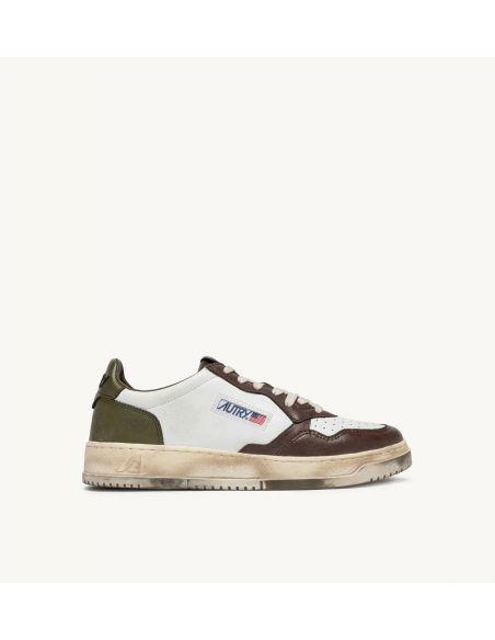 SNEAKERS SUPER VINTAGE LOW LEATHER WHITE, MILITARY GREEN AND BROWN