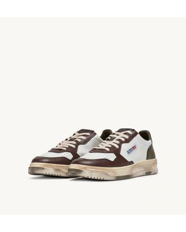 SNEAKERS SUPER VINTAGE LOW LEATHER WHITE, MILITARY GREEN AND BROWN