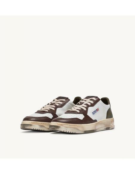 SNEAKERS SUPER VINTAGE LOW LEATHER WHITE, MILITARY GREEN AND BROWN