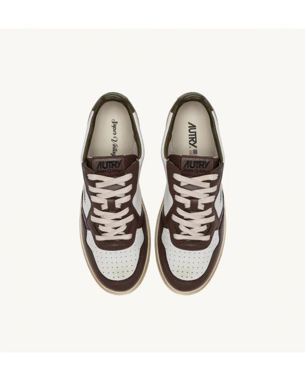 SNEAKERS SUPER VINTAGE LOW LEATHER WHITE, MILITARY GREEN AND BROWN