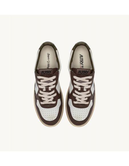 SNEAKERS SUPER VINTAGE LOW LEATHER WHITE, MILITARY GREEN AND BROWN