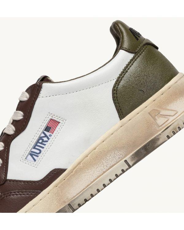 SNEAKERS SUPER VINTAGE LOW LEATHER WHITE, MILITARY GREEN AND BROWN