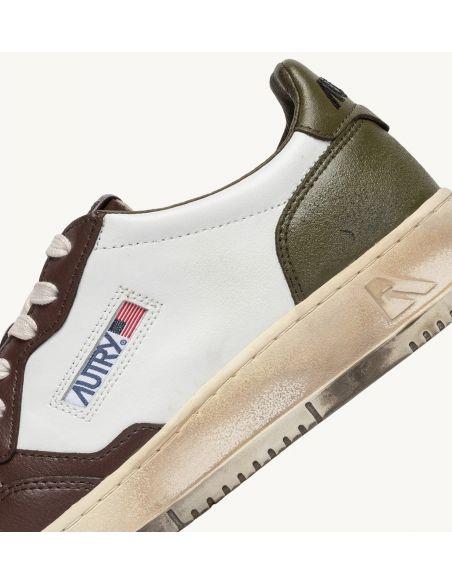 SNEAKERS SUPER VINTAGE LOW LEATHER WHITE, MILITARY GREEN AND BROWN