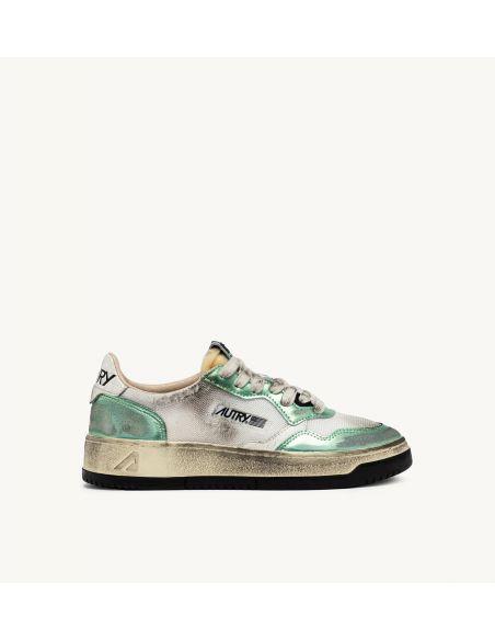 SNEAKERS SUPER VINTAGE LOW WOMEN MESH, LEATHER WHITE AND PASTEL GREEN