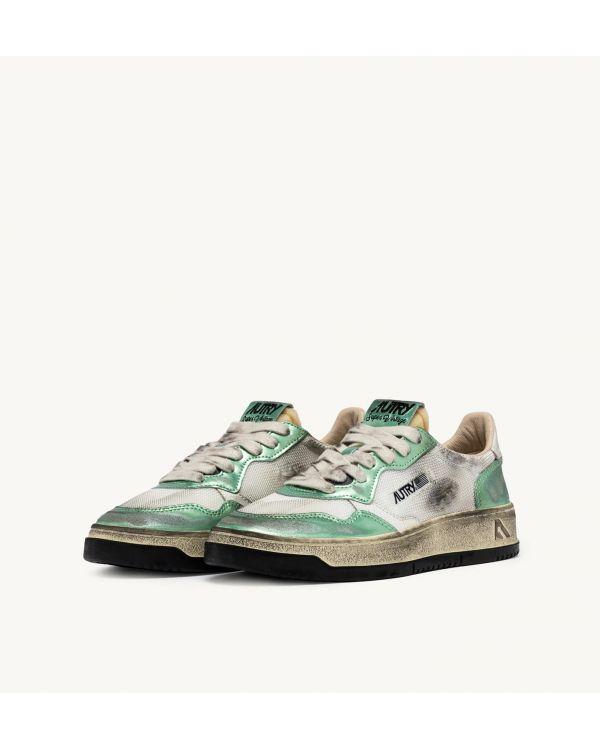 SNEAKERS SUPER VINTAGE LOW WOMEN MESH, LEATHER WHITE AND PASTEL GREEN