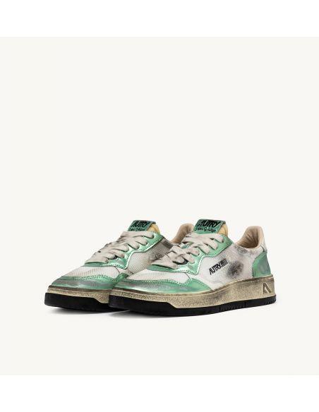 SNEAKERS SUPER VINTAGE LOW WOMEN MESH, LEATHER WHITE AND PASTEL GREEN