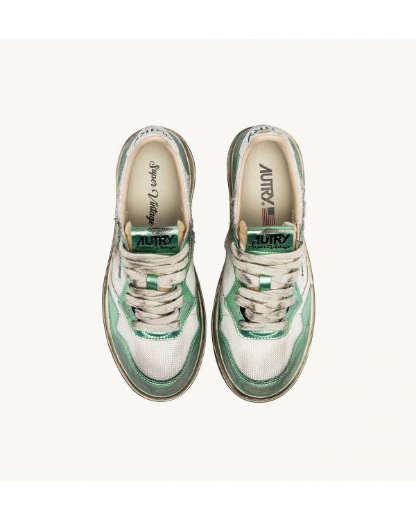 SNEAKERS SUPER VINTAGE LOW WOMEN MESH, LEATHER WHITE AND PASTEL GREEN