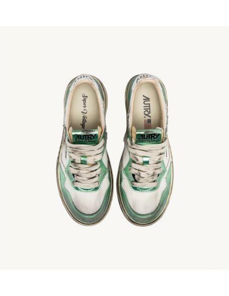 SNEAKERS SUPER VINTAGE LOW WOMEN MESH, LEATHER WHITE AND PASTEL GREEN