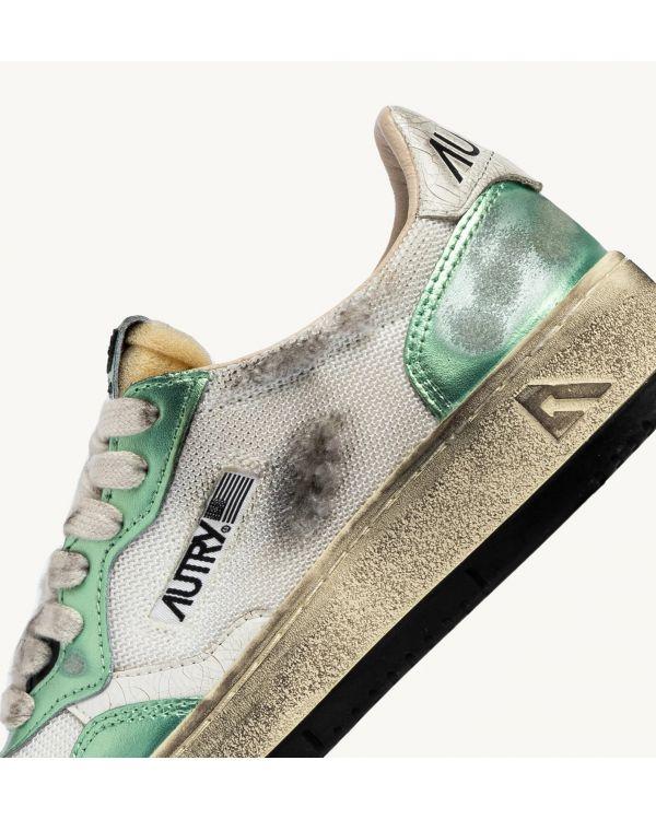 SNEAKERS SUPER VINTAGE LOW WOMEN MESH, LEATHER WHITE AND PASTEL GREEN