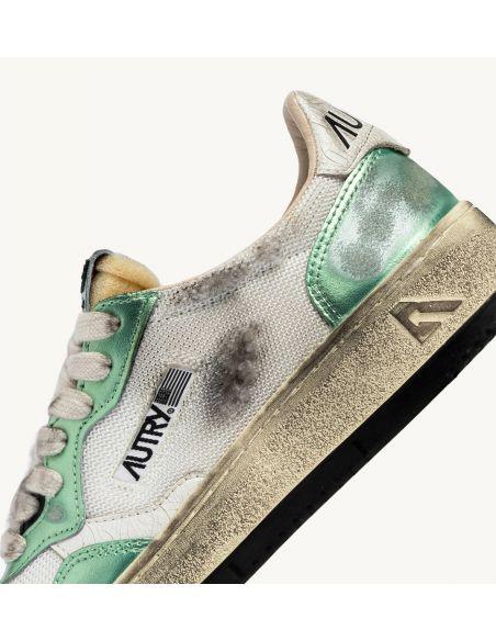 SNEAKERS SUPER VINTAGE LOW WOMEN MESH, LEATHER WHITE AND PASTEL GREEN