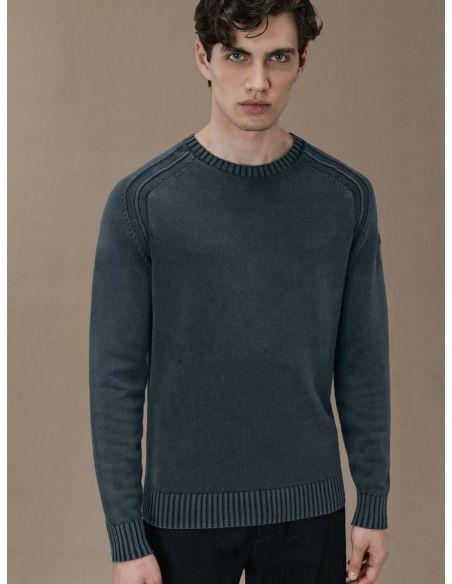 PULL COTTON TECHNO WASH ROUND KNIT BLUE BLACK