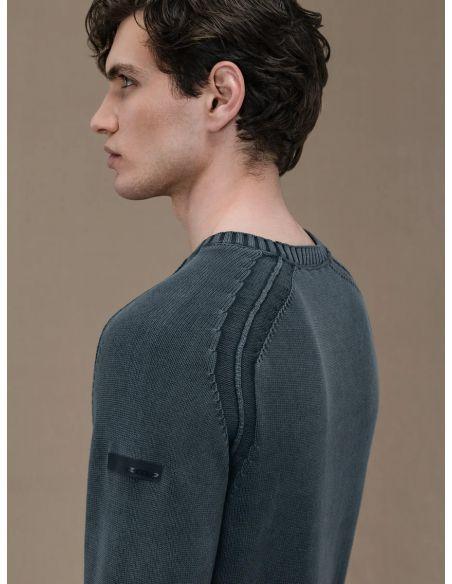 PULL COTTON TECHNO WASH ROUND KNIT BLUE BLACK