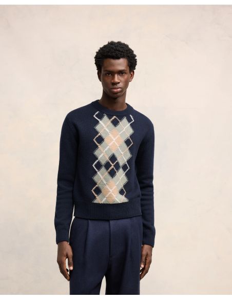 PULL COL ROND ARGYLE MARINE VERT AQUA