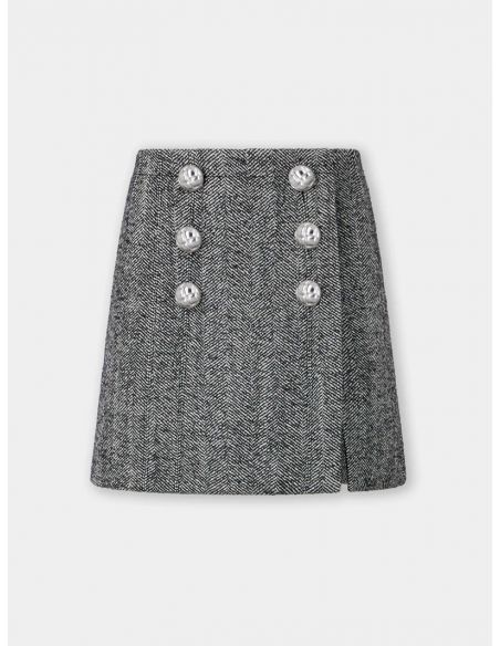 BLACK / WHITE HERRINGBONE WOOL A-LINE MINI SKIRT