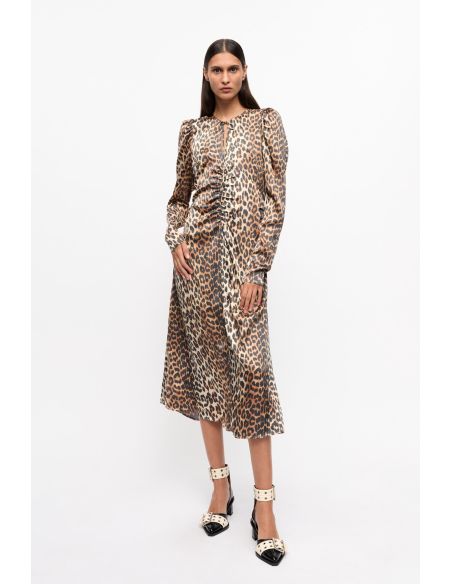 MIDI RUCHED SATIN FRONT LEOPARD DRESS