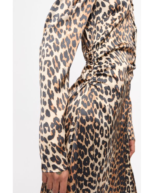 MIDI RUCHED SATIN FRONT LEOPARD DRESS 2