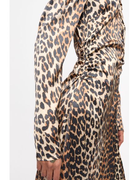 ROBE LEOPARD PRINT SATIN RUCHED MIDI