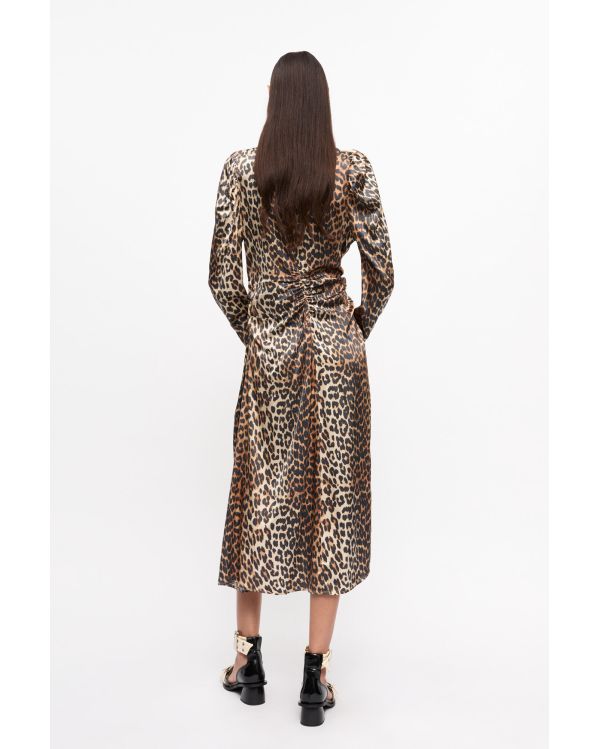 MIDI RUCHED SATIN FRONT LEOPARD DRESS