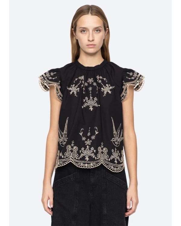 TOP KINGSLEY EMBROIDERY FLUTTER SLV BLACK