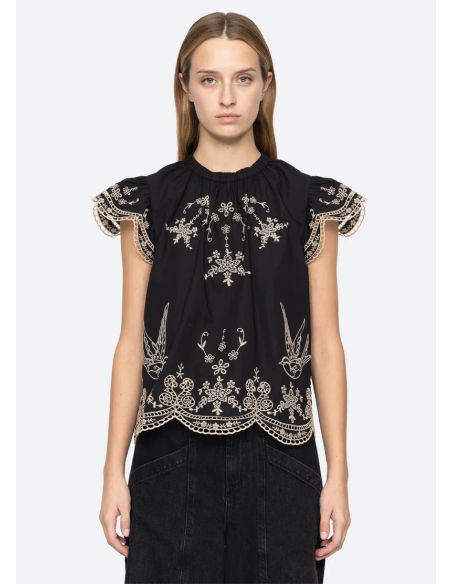 TOP KINGSLEY EMBROIDERY FLUTTER SLV BLACK