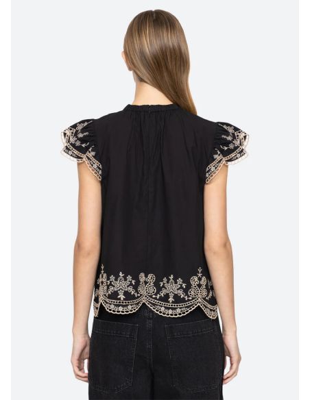 TOP KINGSLEY EMBROIDERY FLUTTER SLV BLACK