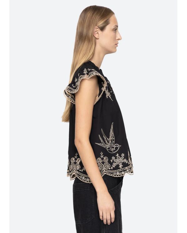 TOP KINGSLEY EMBROIDERY FLUTTER SLV BLACK