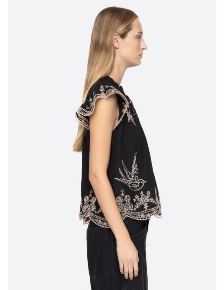 TOP KINGSLEY EMBROIDERY FLUTTER SLV BLACK